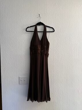 Maggy London 100% Silk Brown Halter Maxi Dress Size 10